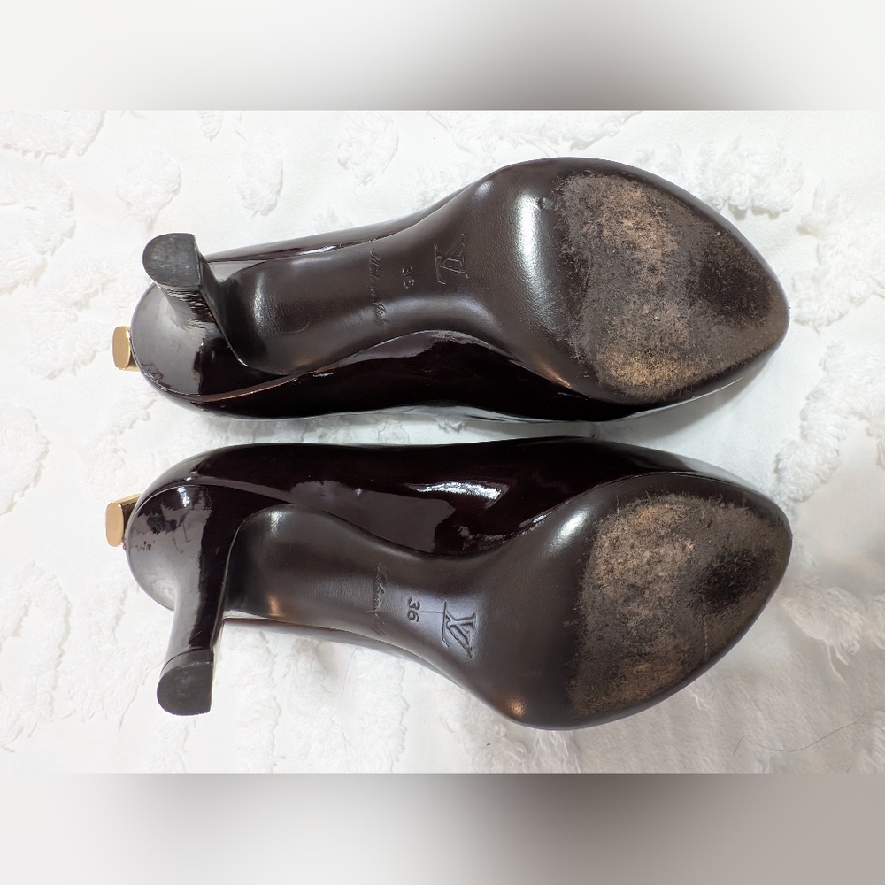 Louis Vuitton Patent Leather Peep Toe Heels in Deep Burgundy - Picture 6 of 7